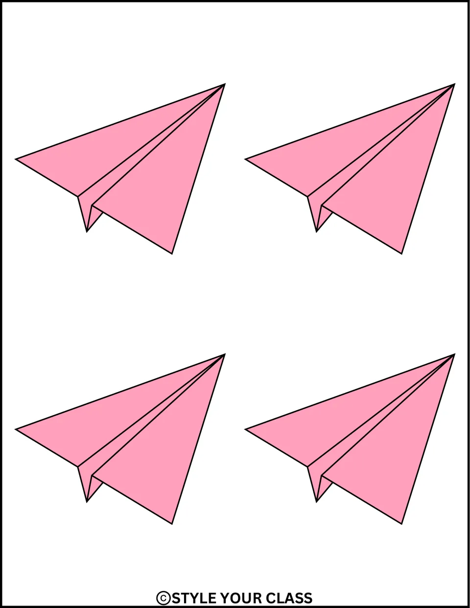 Four small pink paper airplane cutouts for the classroom door or bulletin board kit, pointing up and right