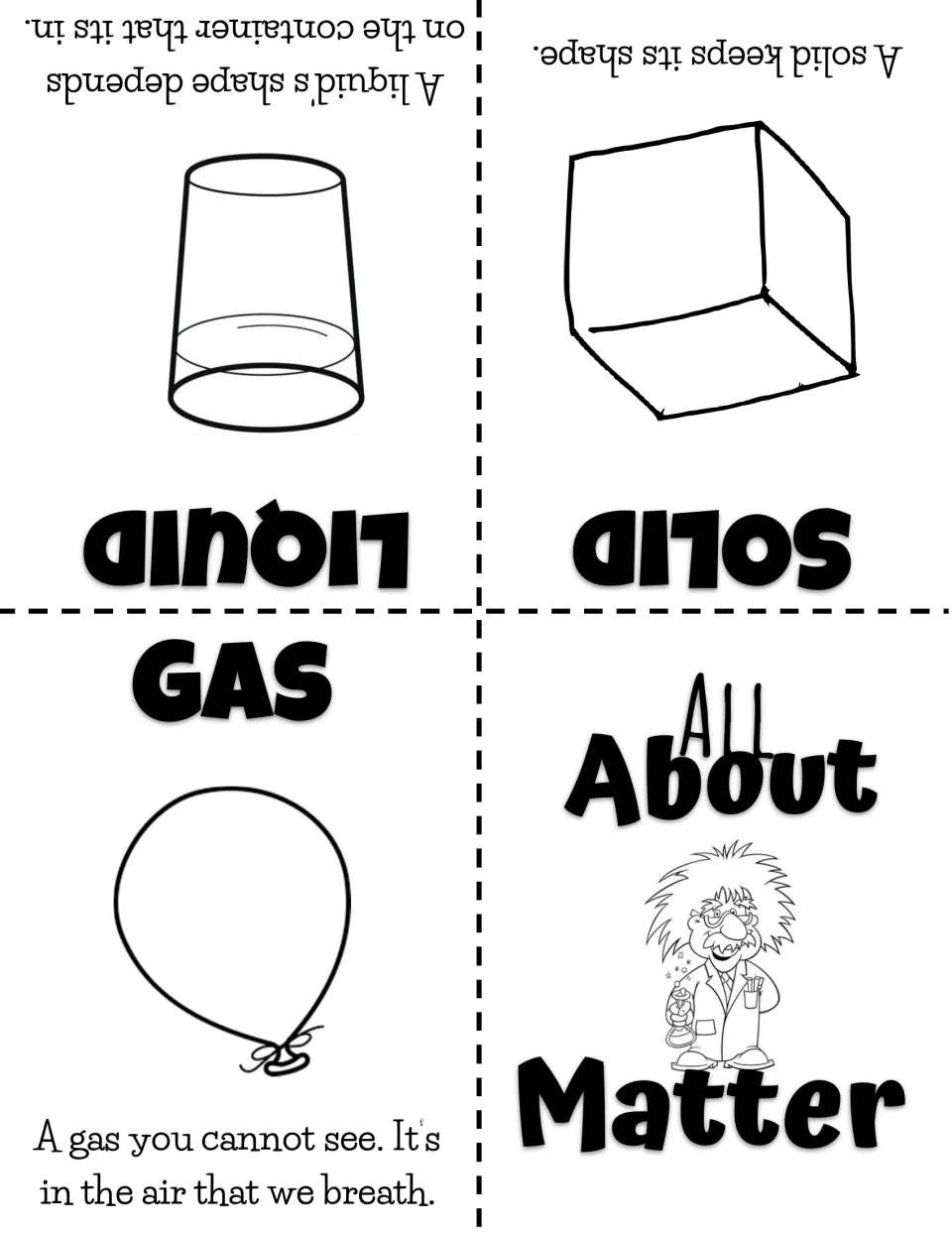 States of matter mini booklet: students fold one sheet into a cover plus solid (cube), liquid (cup) and gas (balloon) pages