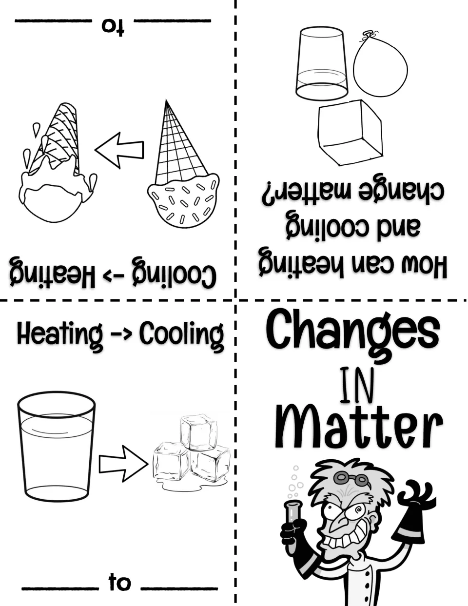 Heating and cooling matter booklet: students fill in each ___ to ___ blank as water freezes to ice and ice cream melts