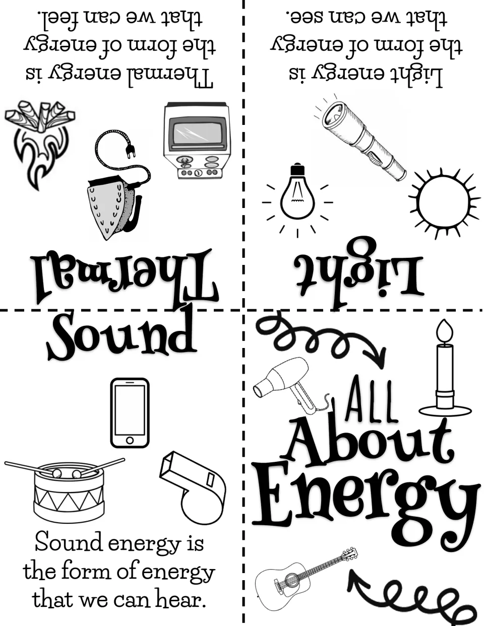 All About Energy fold-and-read booklet: sound, light and thermal energy defined with pictures such as a drum, sun and iron