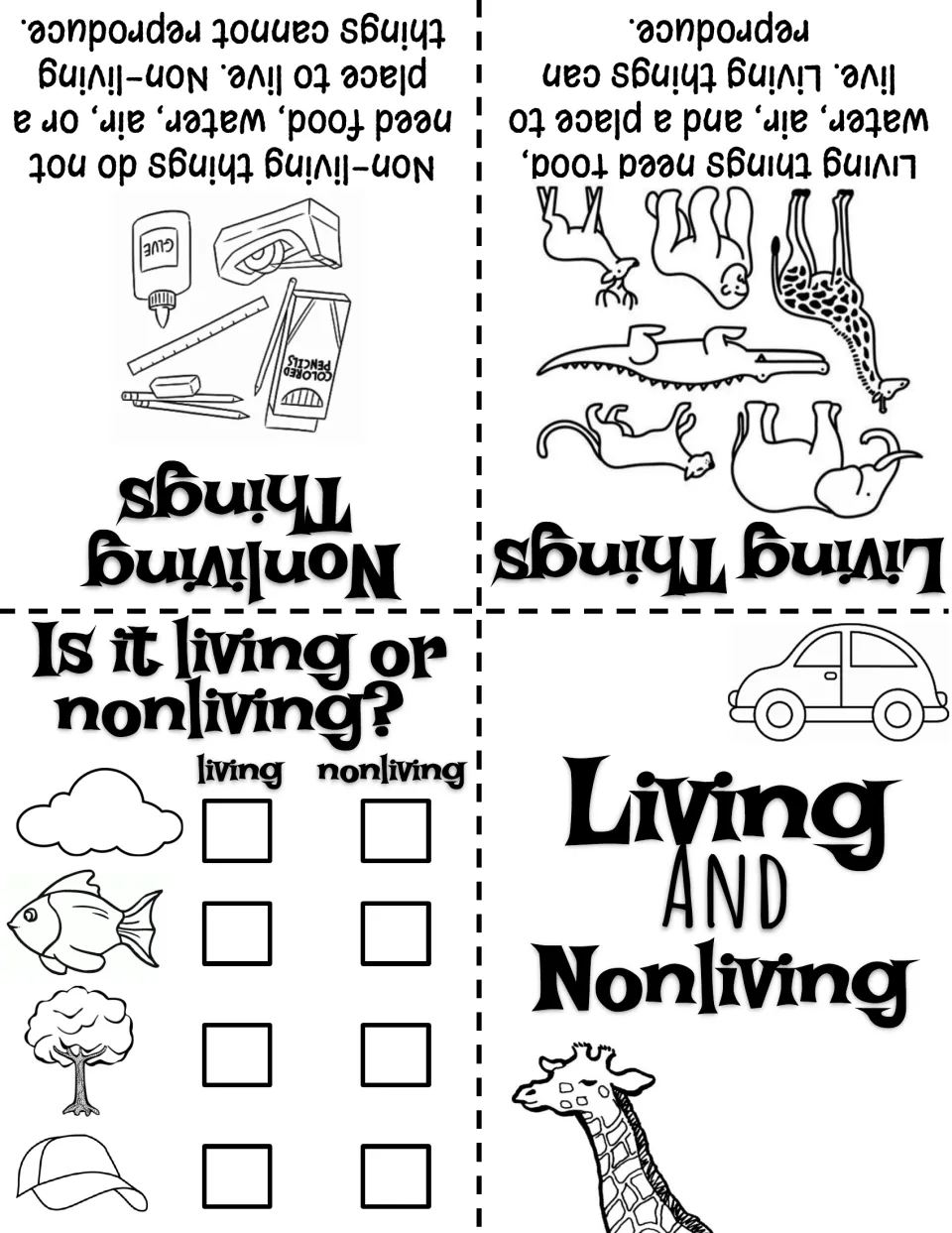 Living vs nonliving foldable: students read what living things need, then classify a cloud, fish, tree and hat