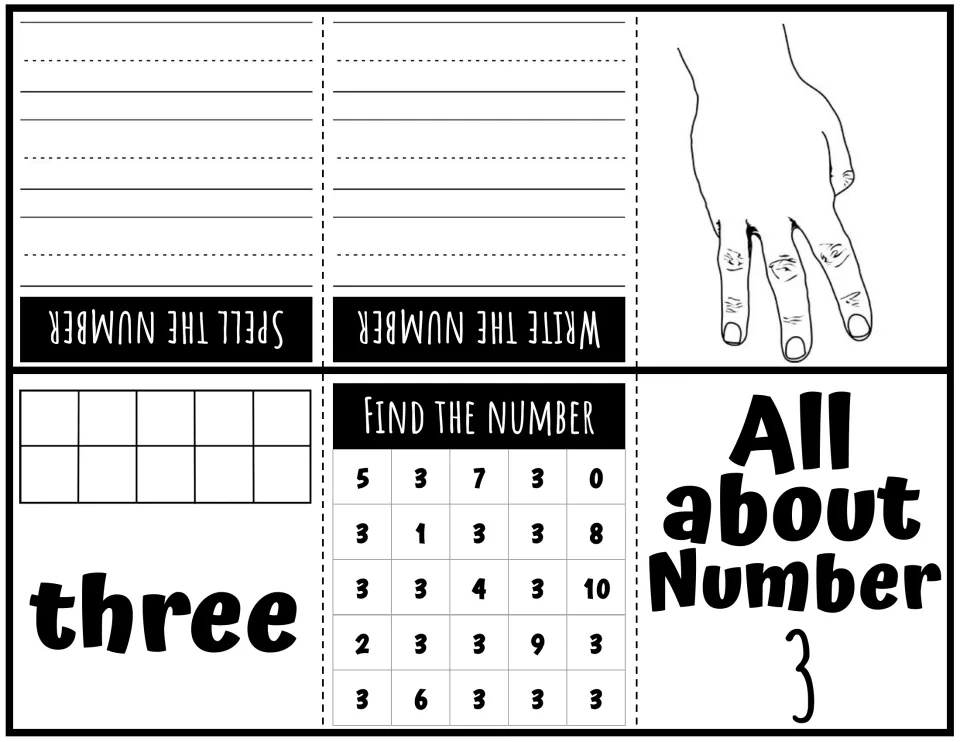 Number 3 booklet: three fingers, students show 3 on a ten frame, find every 3 in the grid, then write and spell three