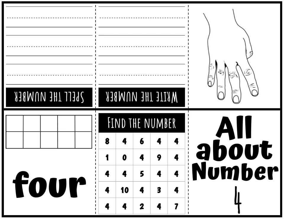 Number 4 booklet with four fingers, the word four, a ten frame to fill in, and a Find the Number grid for locating each 4