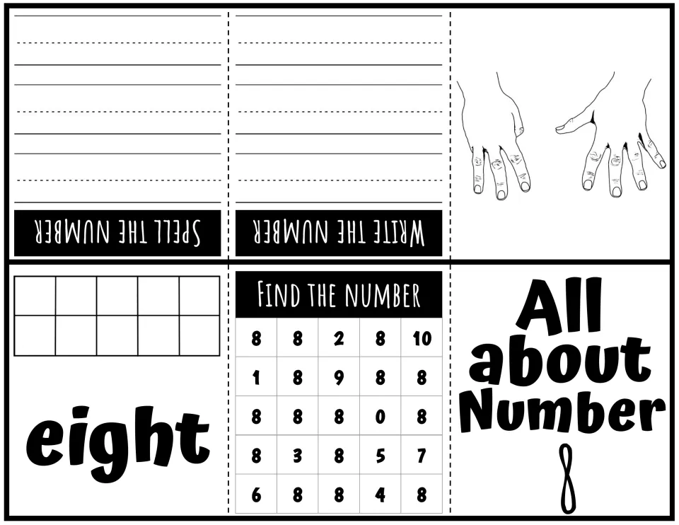 Number 8 booklet: eight fingers shown, the word eight, a ten frame, a find-the-8 grid, and lines to write and spell it