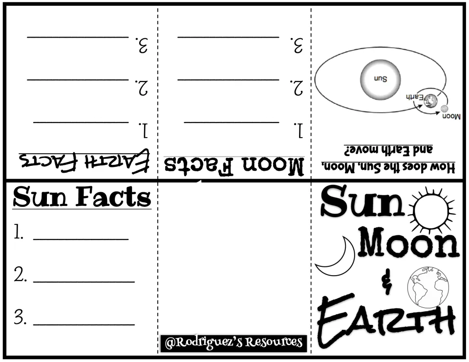 Sun, Moon, and Earth booklet sheet includes three facts to fill in for each body and an orbital diagram.