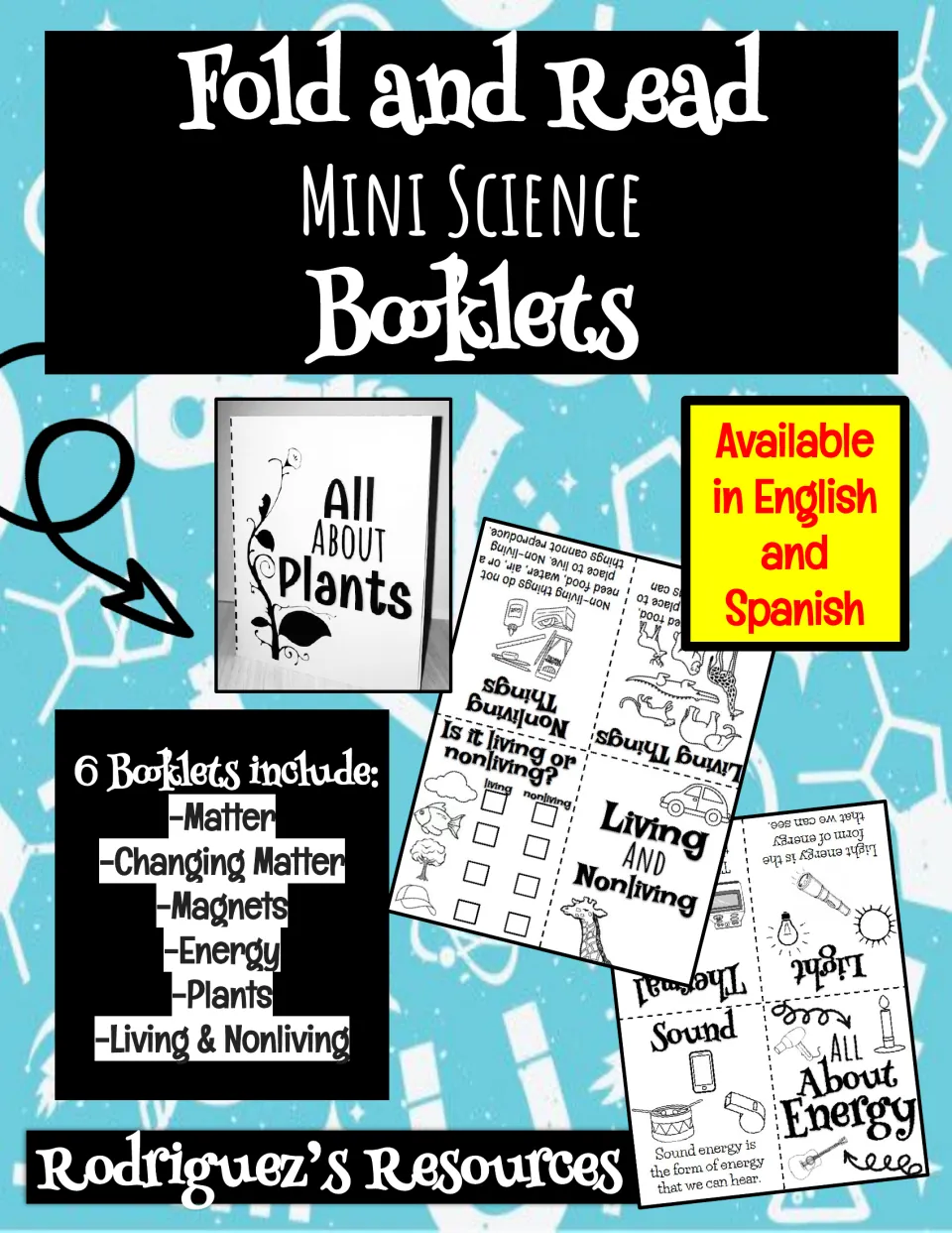 Cover listing 6 mini science booklets: matter, changing matter, magnets, energy, plants, living and nonliving