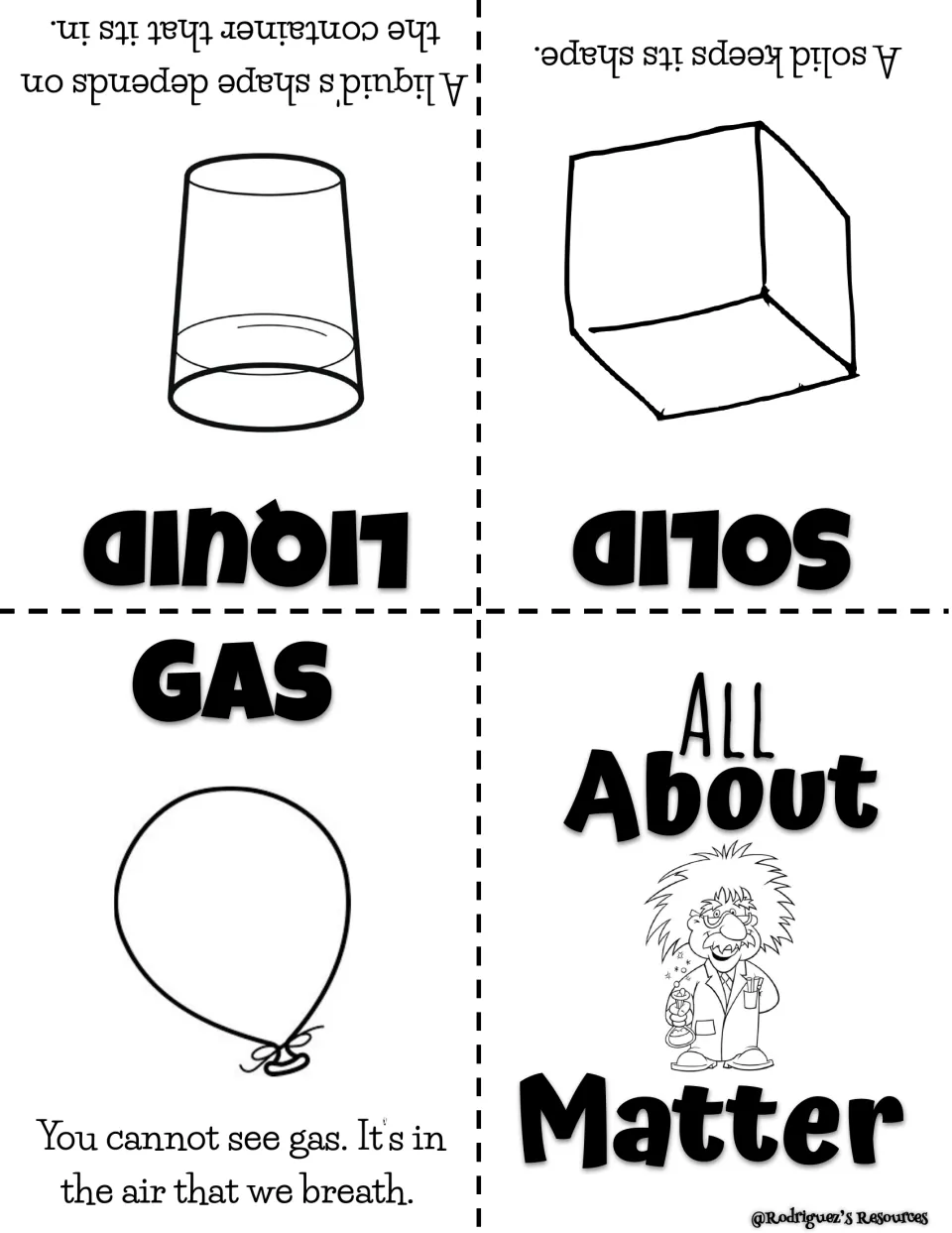 All About Matter booklet: students read that solids keep their shape, liquids fill containers, gas is unseen