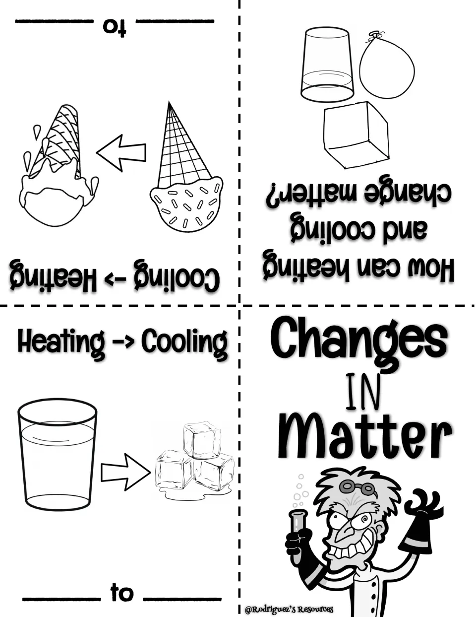 Changes in Matter booklet: water freezes to ice, ice cream melts, and students fill in each state change