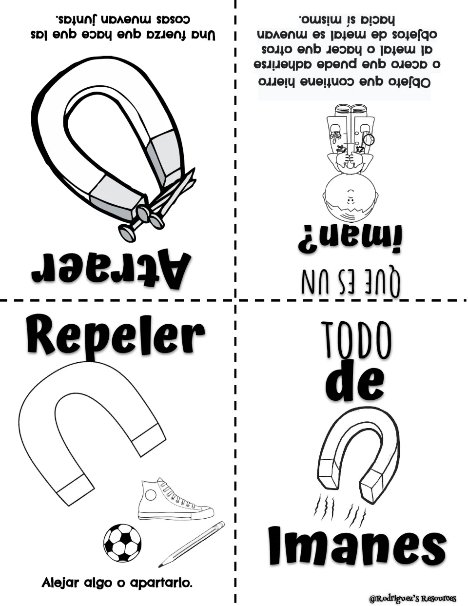Todo de Imanes: Spanish magnet booklet defining iman, atraer and repeler with horseshoe magnet pictures