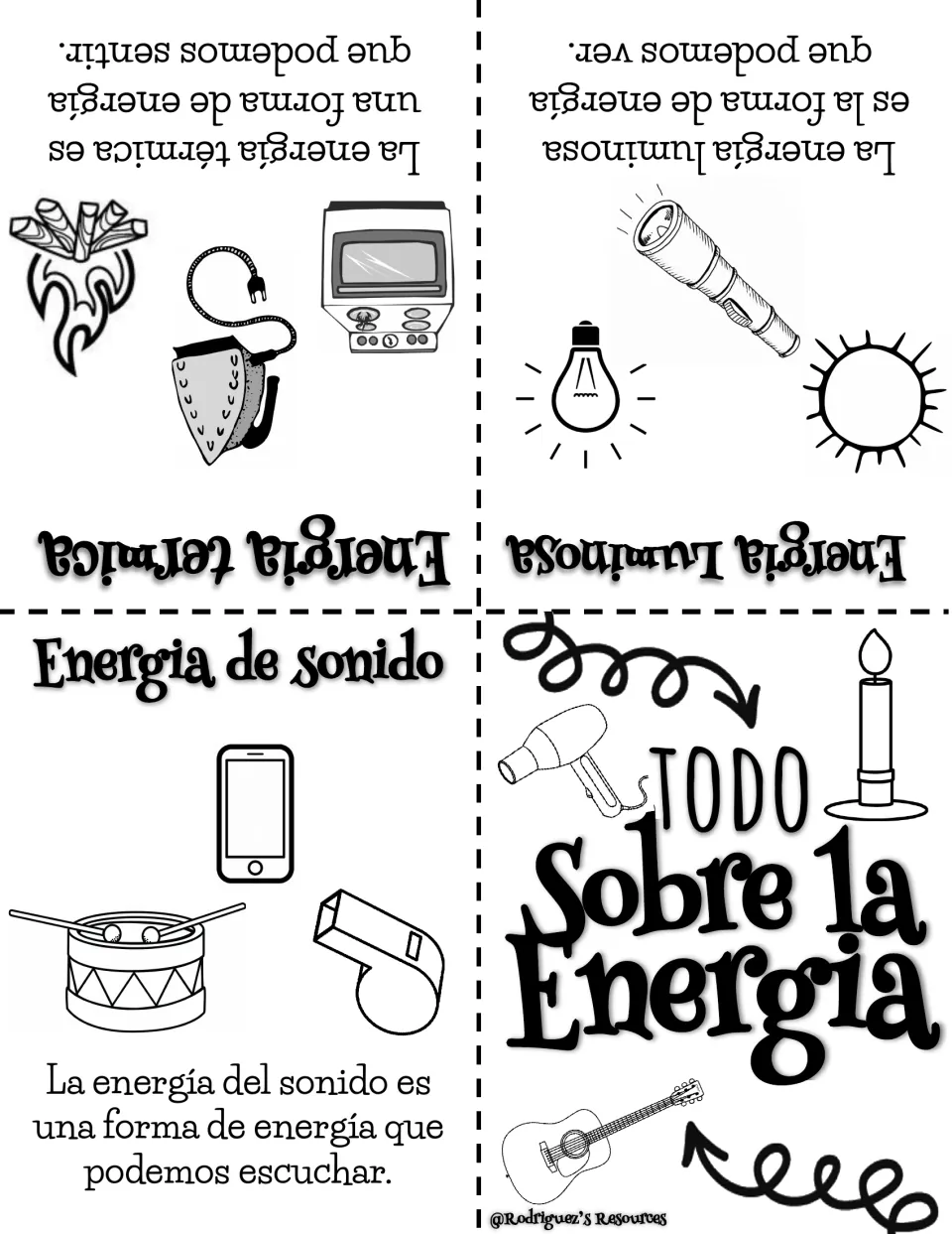 Todo Sobre la Energia: Spanish booklet on light, heat and sound energy with a sun, oven, drum and whistle