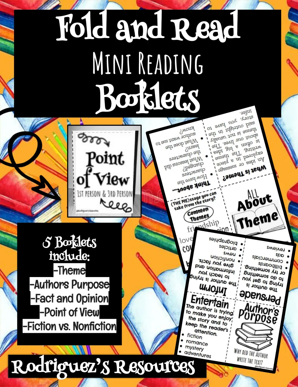 Fold and Read Mini Reading Booklets cover: 5 booklets on theme, author's purpose, fact/opinion, POV, fiction vs. nonfiction