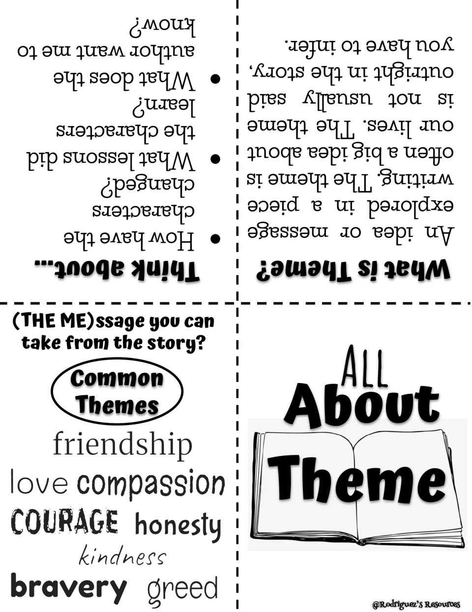 All About Theme booklet: defines theme, asks what characters learned, and lists common themes like friendship and courage