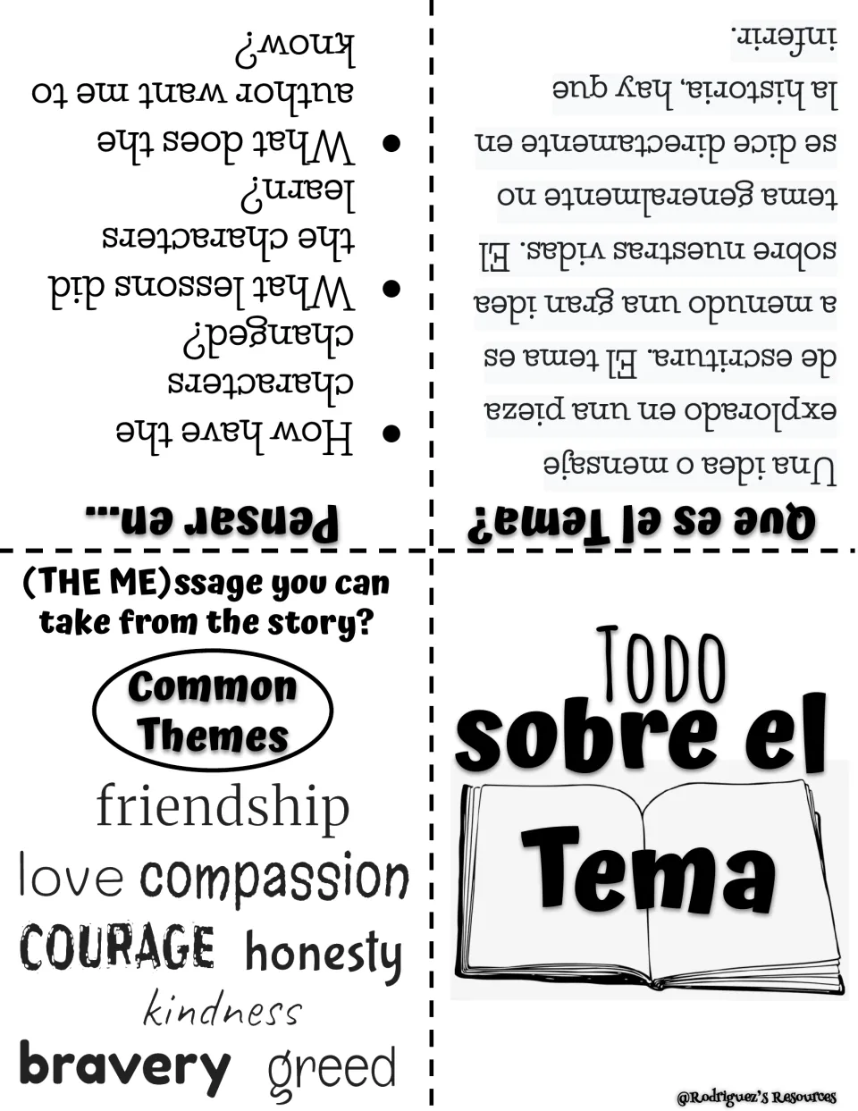 Todo sobre el Tema booklet: Spanish definition of theme, Pensar en prompts and a common themes list such as kindness