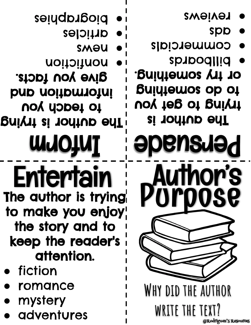 Author's purpose booklet: why did the author write the text, with entertain, persuade and inform defined plus text examples