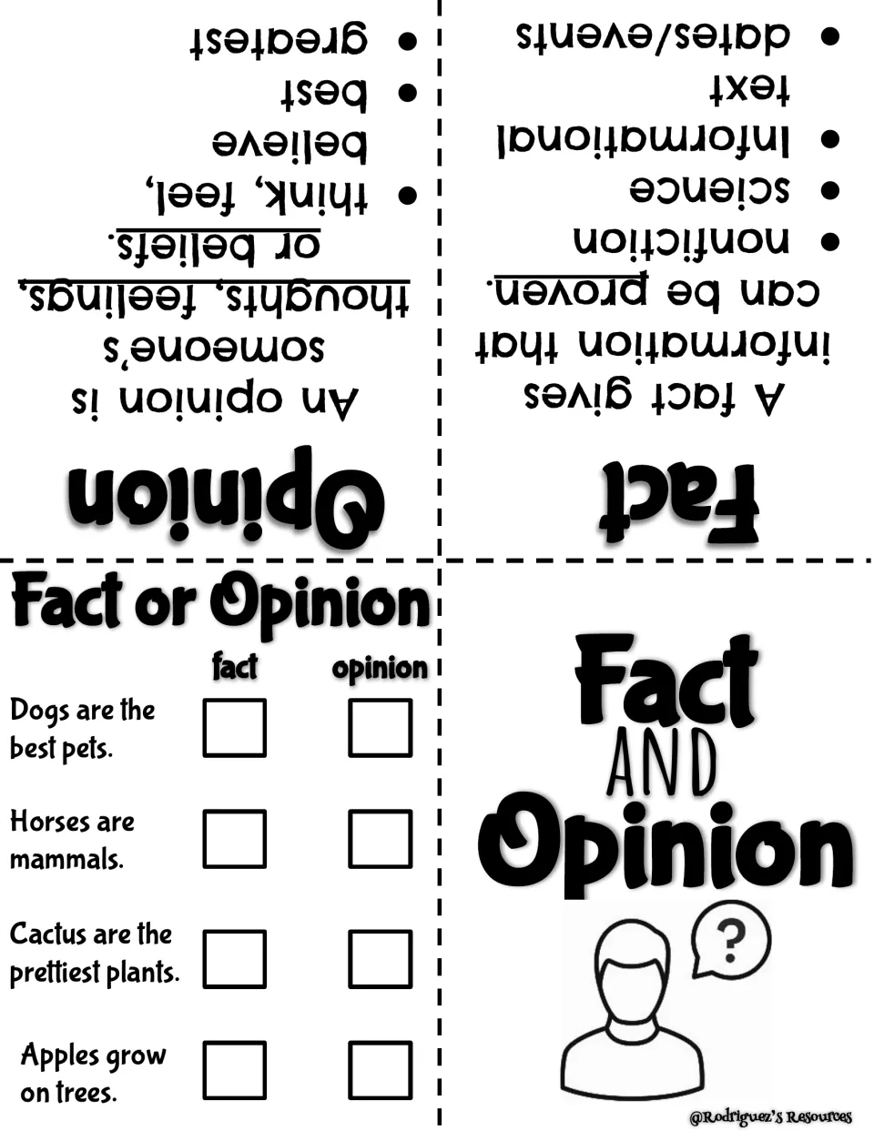 Fact and opinion booklet: defines each, then students check fact or opinion for 4 sentences such as Horses are mammals