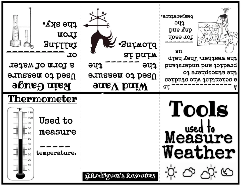Weather tools mini book: students fill in blanks about a meteorologist, thermometer, wind vane and rain gauge, then fold