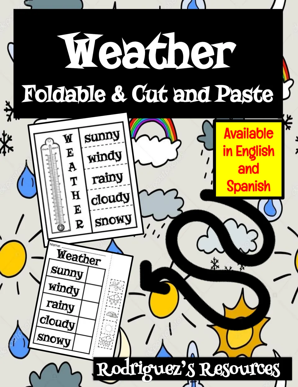 Weather foldable and cut-and-paste cover showing a thermometer flap book and a word-picture match, in English and Spanish