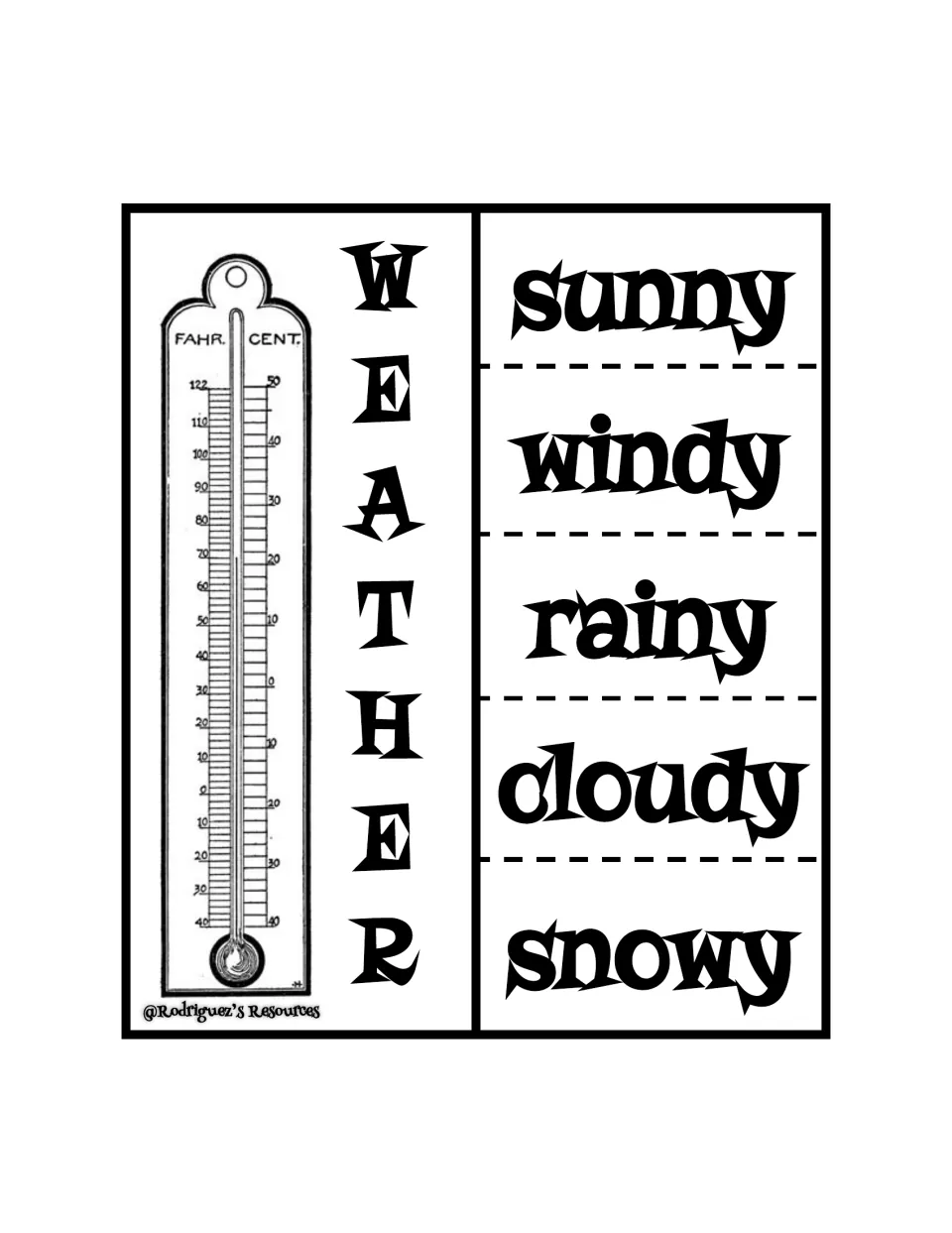 WEATHER foldable: a thermometer beside flaps reading sunny, windy, rainy, cloudy and snowy for weather vocabulary