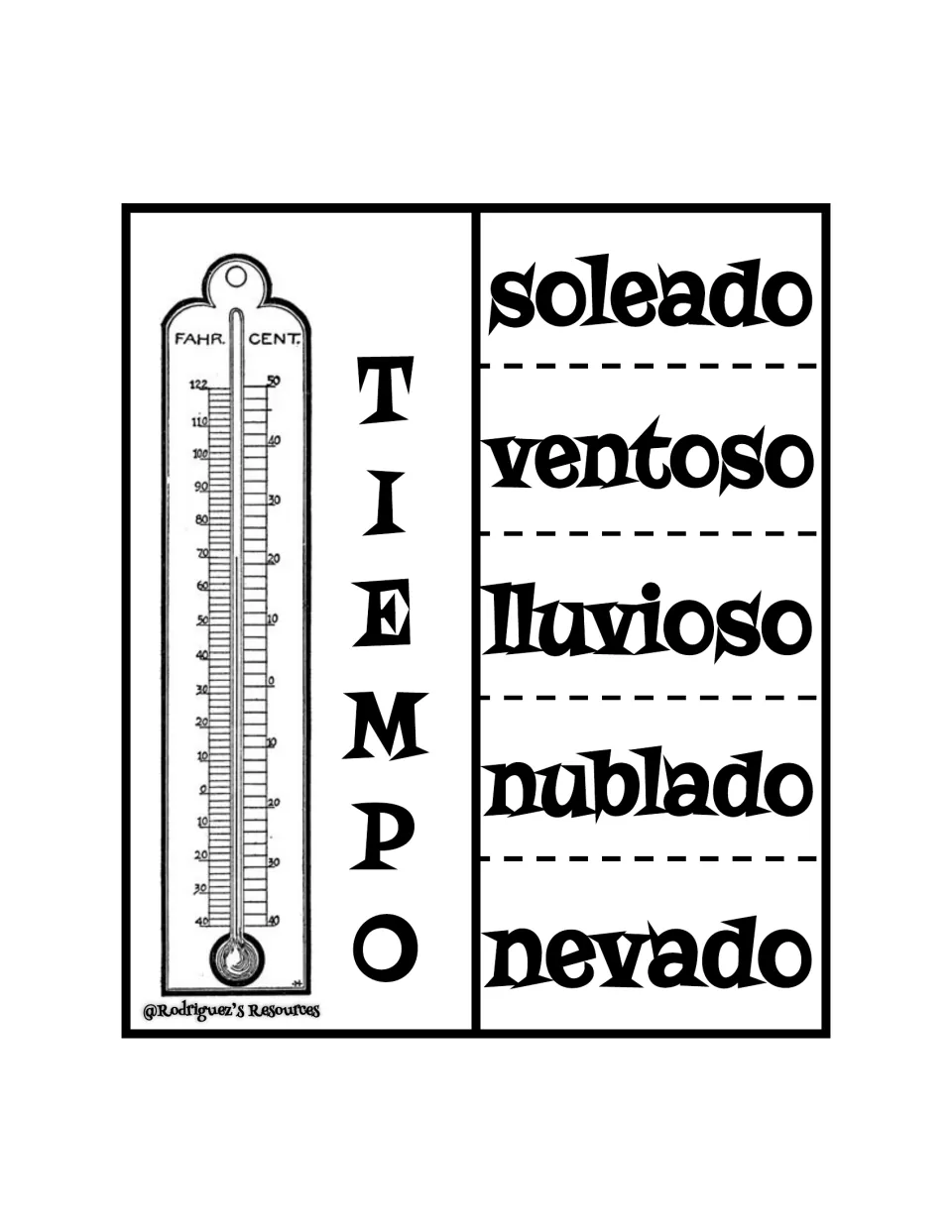TIEMPO foldable in Spanish: a thermometer beside flaps reading soleado, ventoso, lluvioso, nublado and nevado