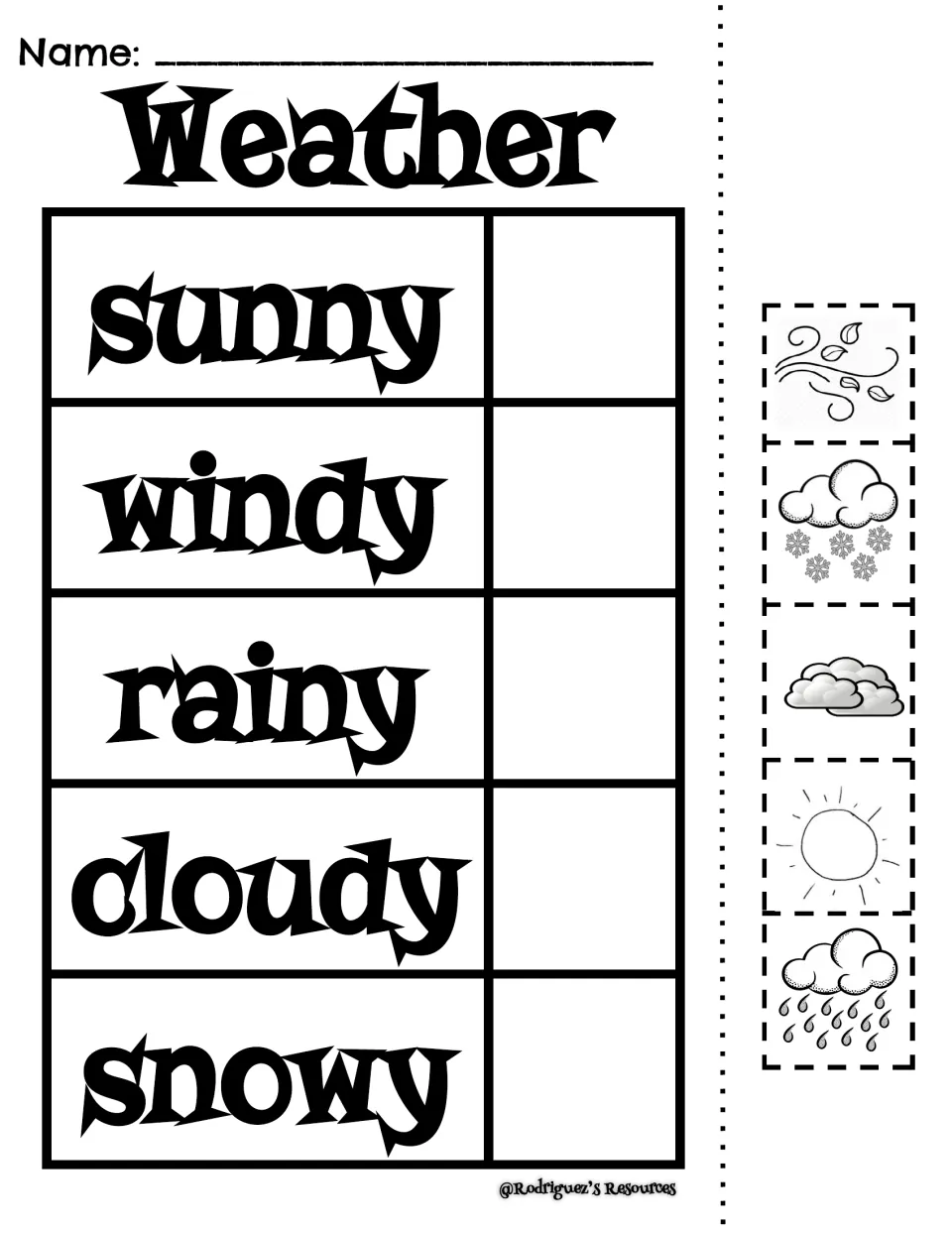 Weather words cut and paste: students cut sun, wind, cloud, rain and snow pictures and glue each beside its matching word