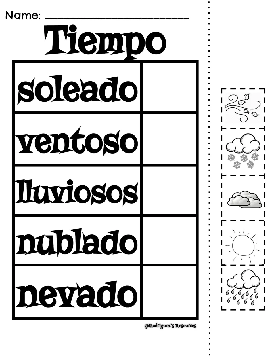 Tiempo cut and paste in Spanish: students glue weather pictures beside soleado, ventoso, lluviosos, nublado and nevado