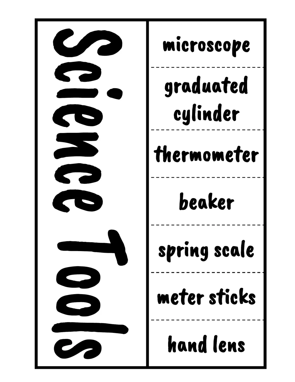 Science Tools foldable: microscope, graduated cylinder, thermometer, beaker, and three more tool names