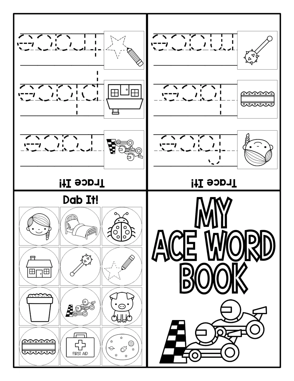 My ACE Word Book foldable: students dab -ace pictures and trace face, lace, mace, race, place and trace beside pictures