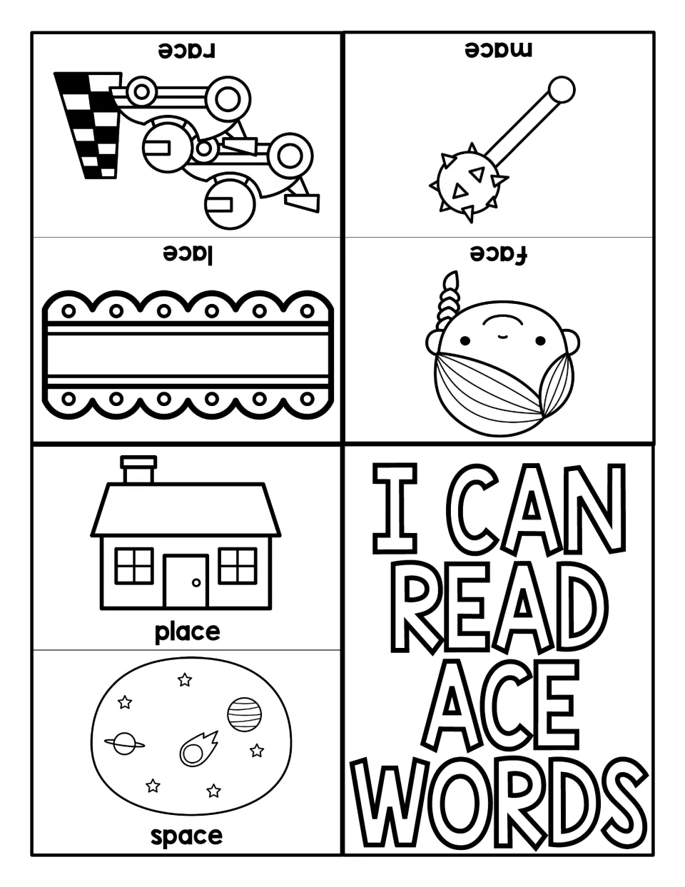 I Can Read ACE Words mini book: picture pages labeled race, mace, lace, face, place and space for reading -ace words