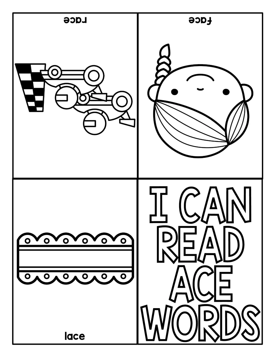 -ace word reader: students read race, face and lace, each printed under a picture of race cars, a face or lace trim