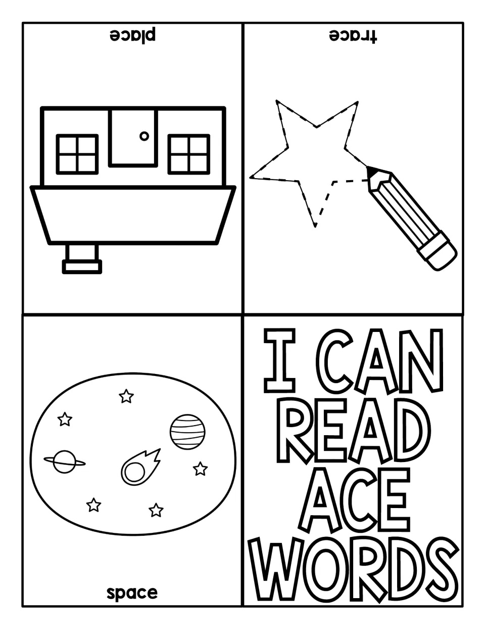 -ace word reader: students read place, trace and space under a house, a pencil tracing a star and planets