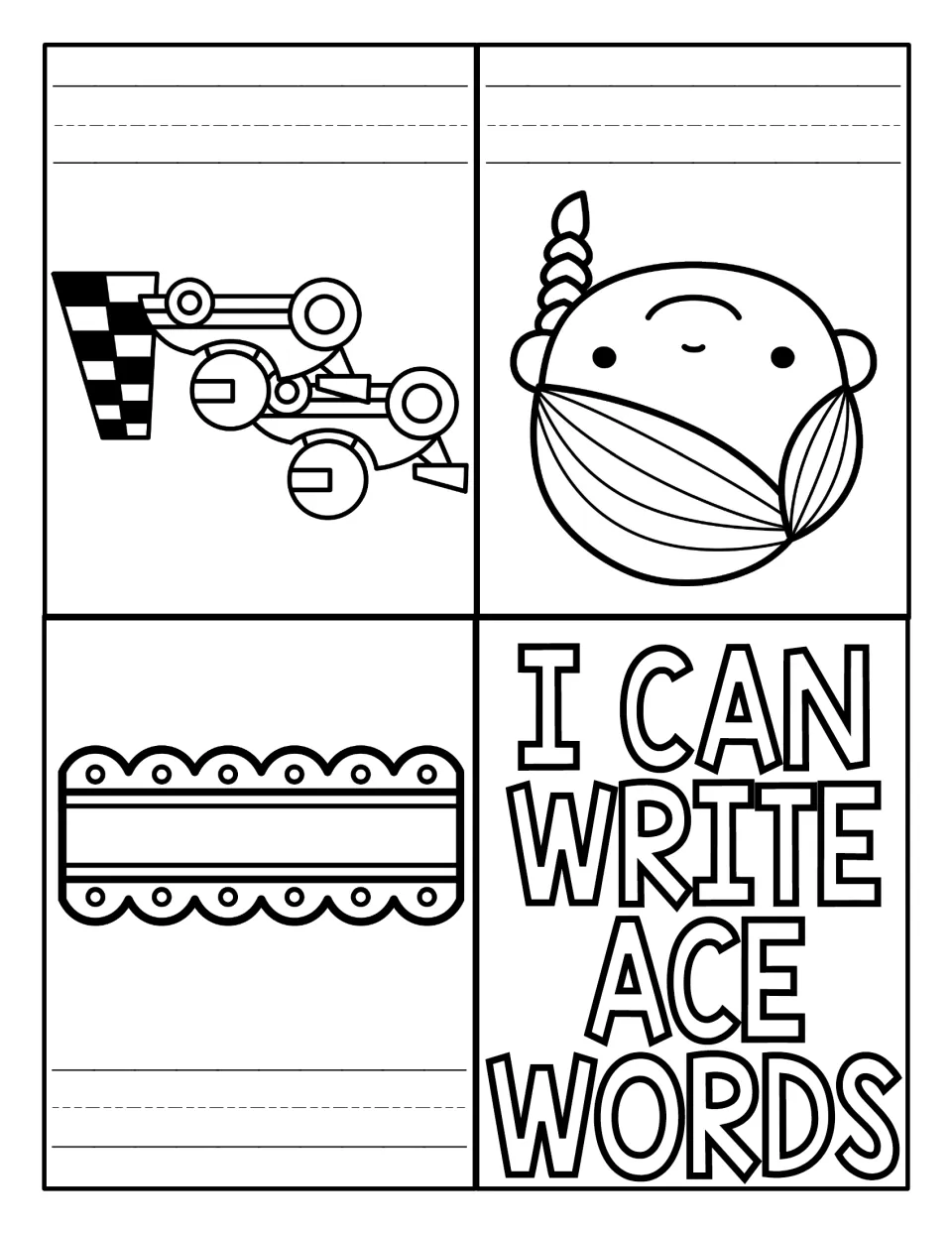 I Can Write ACE Words mini book: students write the -ace word for race cars, a girl's face and lace trim
