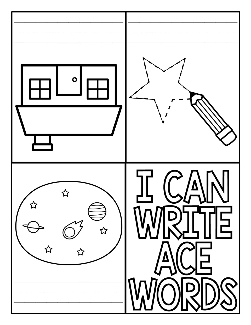 Writing -ace words: students spell place, trace and space under a house, a pencil tracing a star and planets