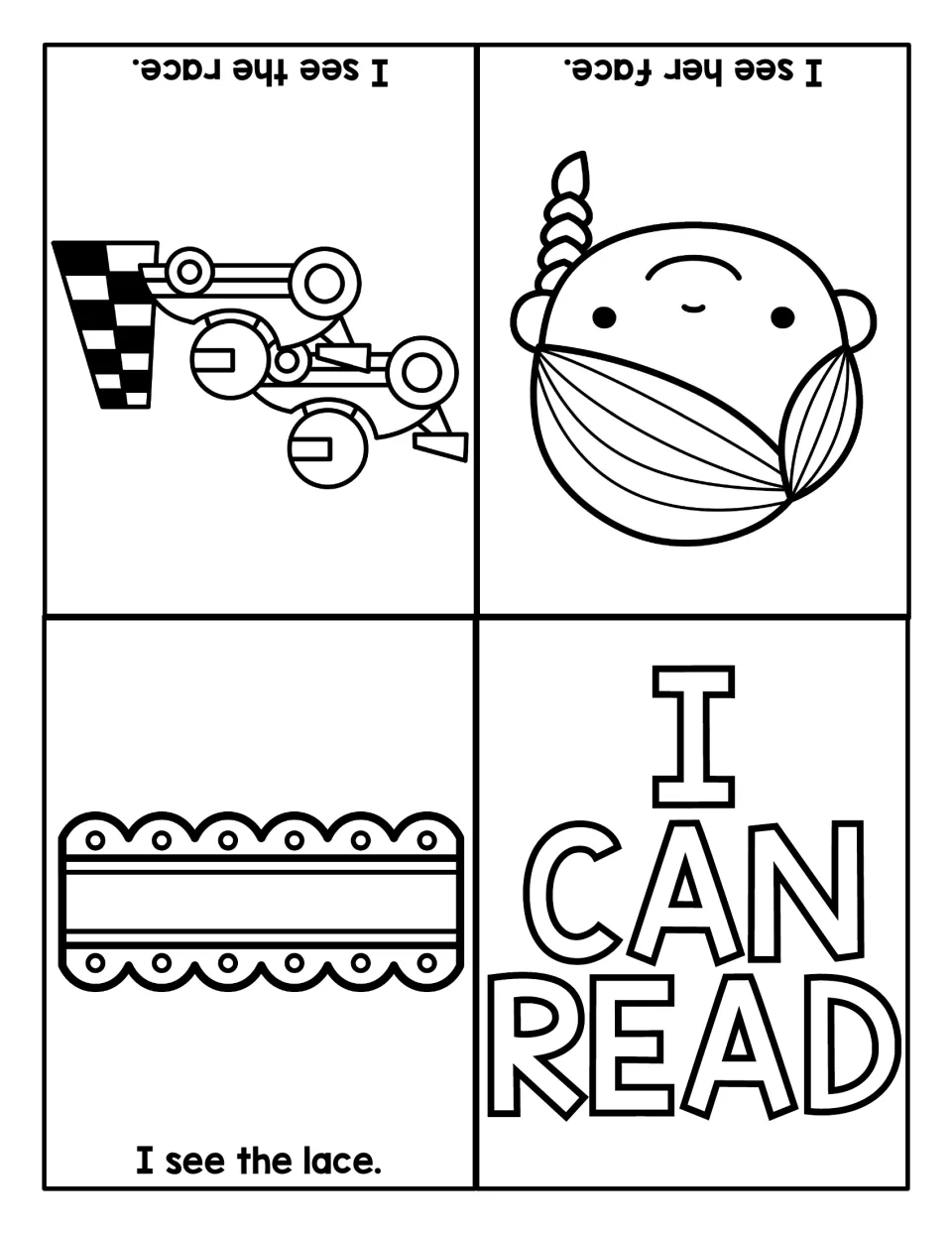 I Can Read sentence book: students read I see the lace, I see her face and I see the race, each paired with a picture