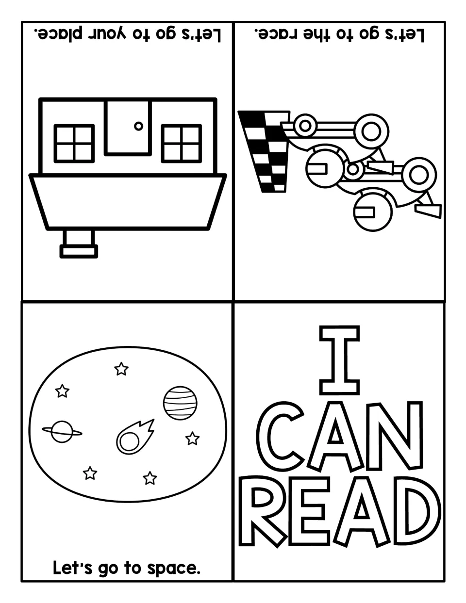 Sentence reading: students read Let's go to space, Let's go to the race and Let's go to your place with pictures