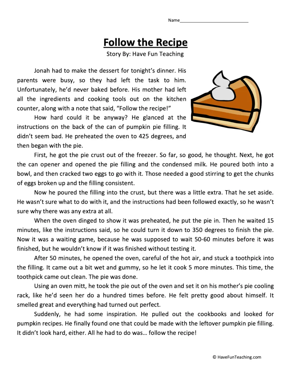 Reading passage about Jonah following a recipe to bake pumpkin pie and finding a use for leftover filling