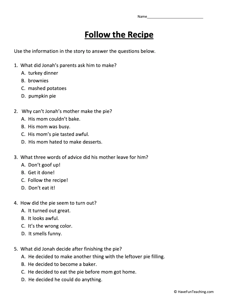 Five multiple-choice questions about Jonah's dessert, his mother's advice, and what he does after baking