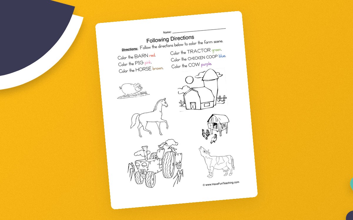 Following Directions coloring worksheet with farm animals and color instructions