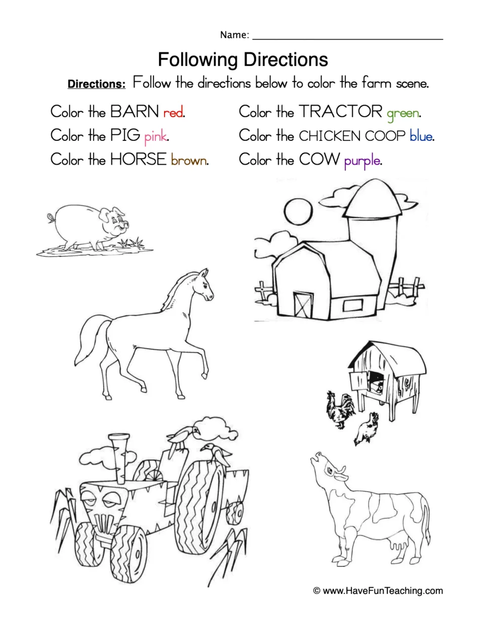 Following directions farm scene: students color the barn red, pig pink, horse brown, tractor green, coop blue and cow purple