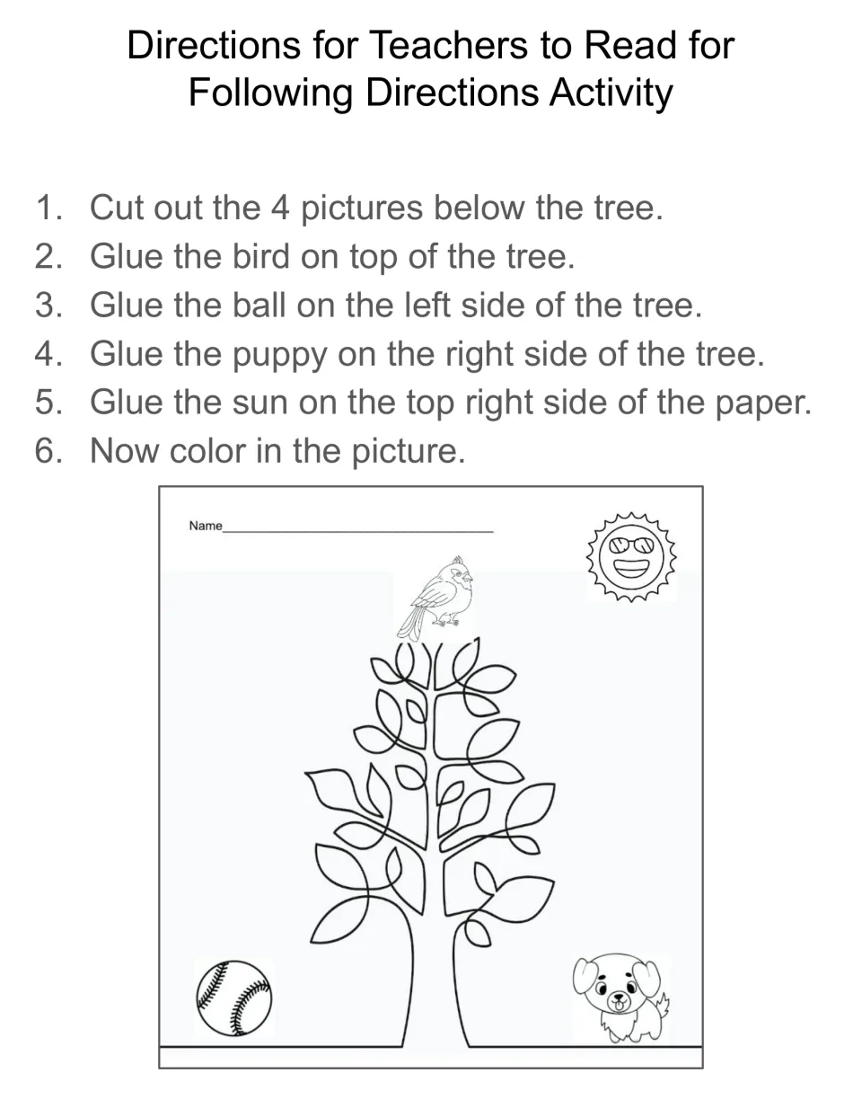 Teacher read-aloud directions: 6 steps to glue a bird, ball, puppy and sun around a tree, with a finished example