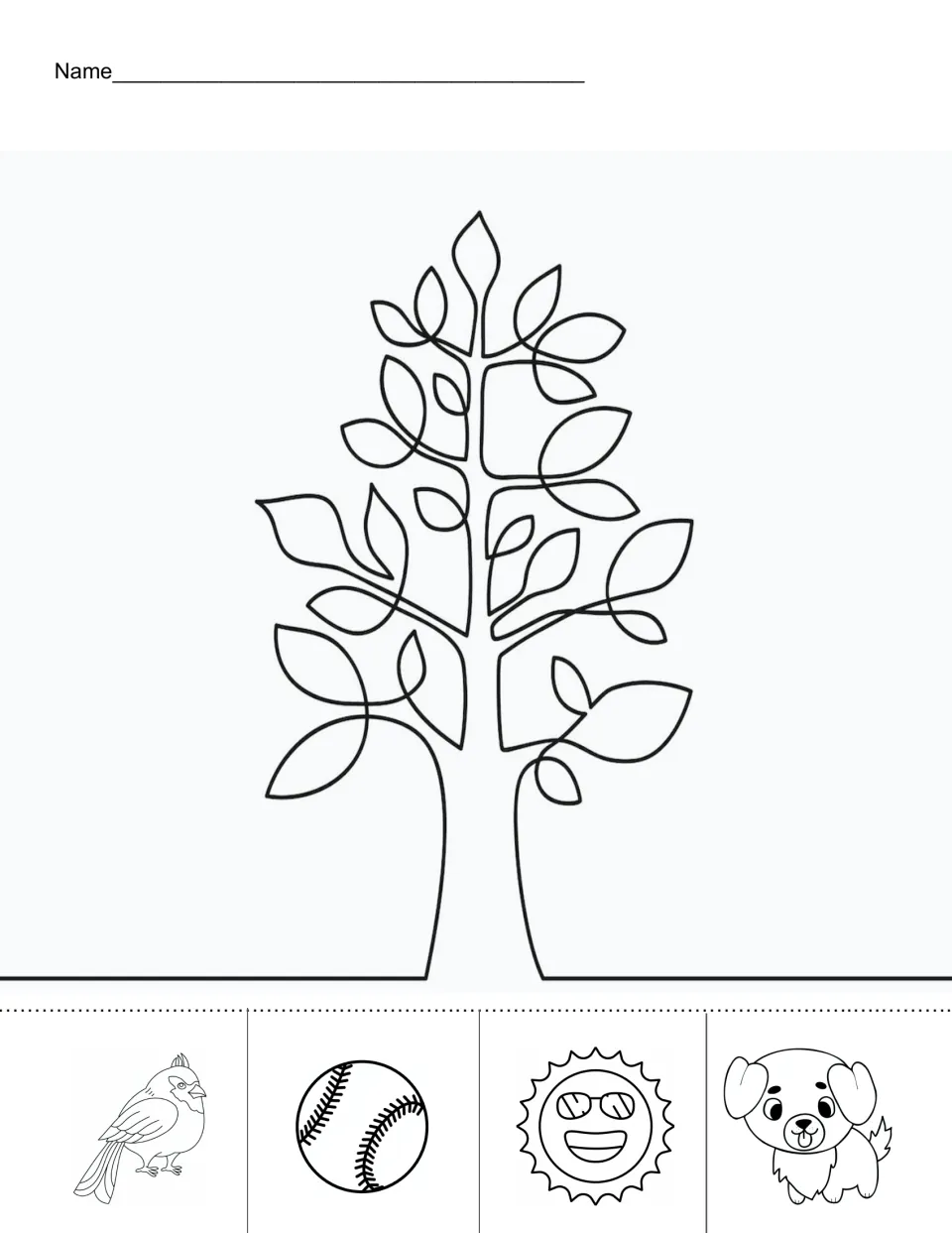 Positional words practice: students cut out a bird, ball, sun and puppy and glue each around a tree drawing as told