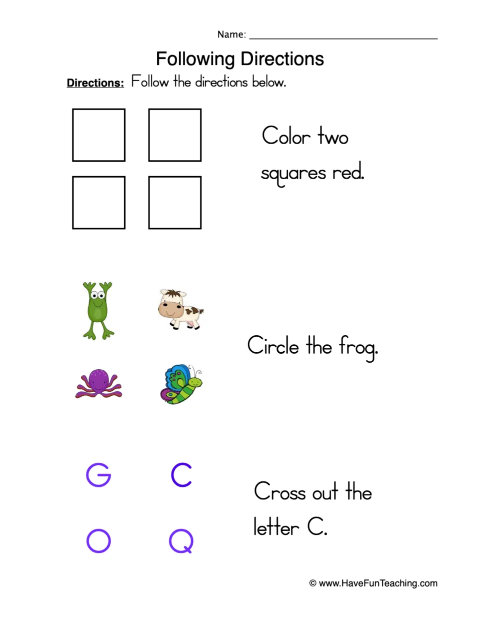 Following directions: students color two squares red, circle the frog among four animals and cross out the letter C