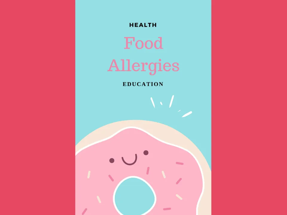 Food Allergies health education cover, showing the title above a smiling pink frosted donut with sprinkles