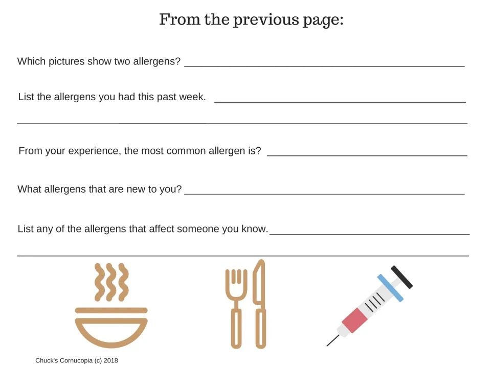 Reflection questions: students name two-allergen pictures, list allergens eaten this week and ones affecting others