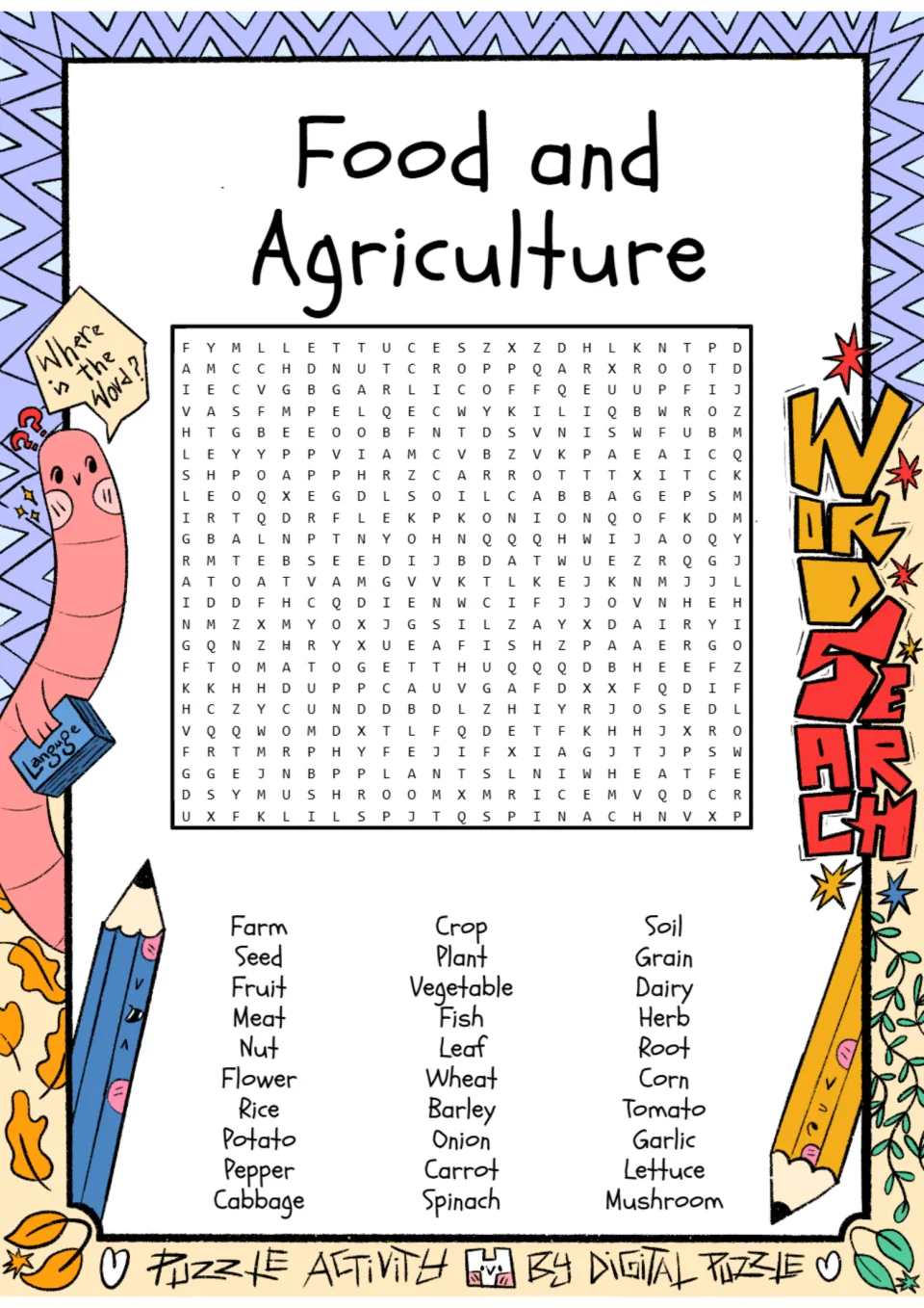 Food and agriculture word search: students find 30 hidden words such as farm, seed, wheat, barley, dairy and mushroom