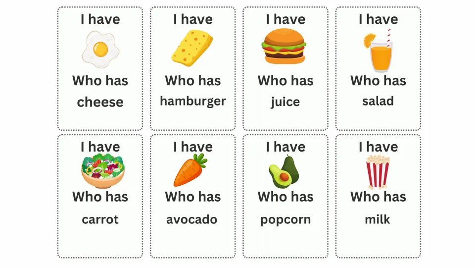 Vocabulary cards 1–8 show egg, cheese, hamburger, juice, salad, carrot, avocado, and popcorn with game prompts.