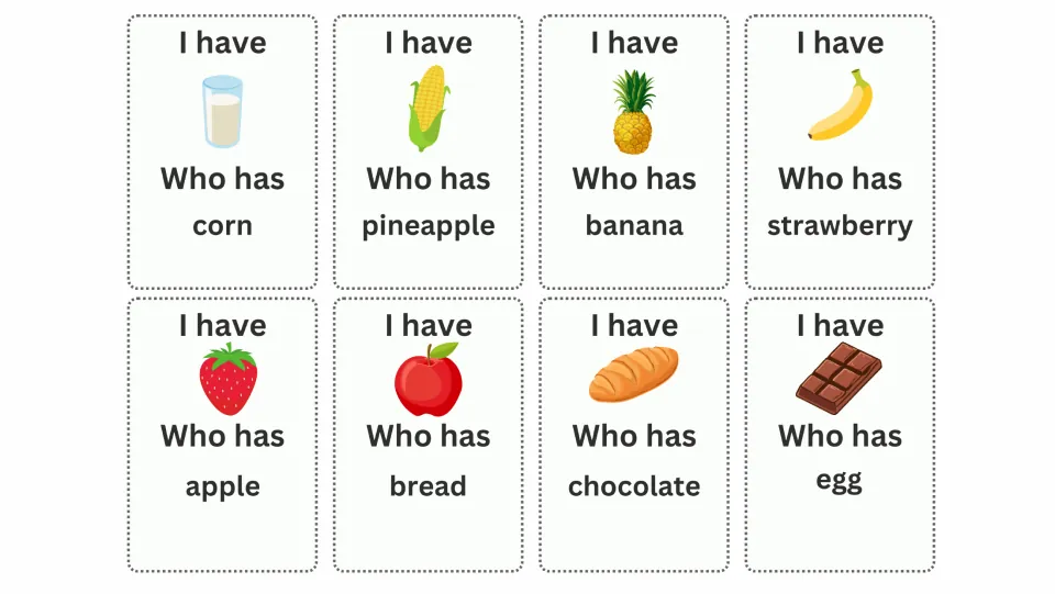 Vocabulary cards 9–16 show milk, corn, pineapple, banana, strawberry, apple, bread, and chocolate with prompts.
