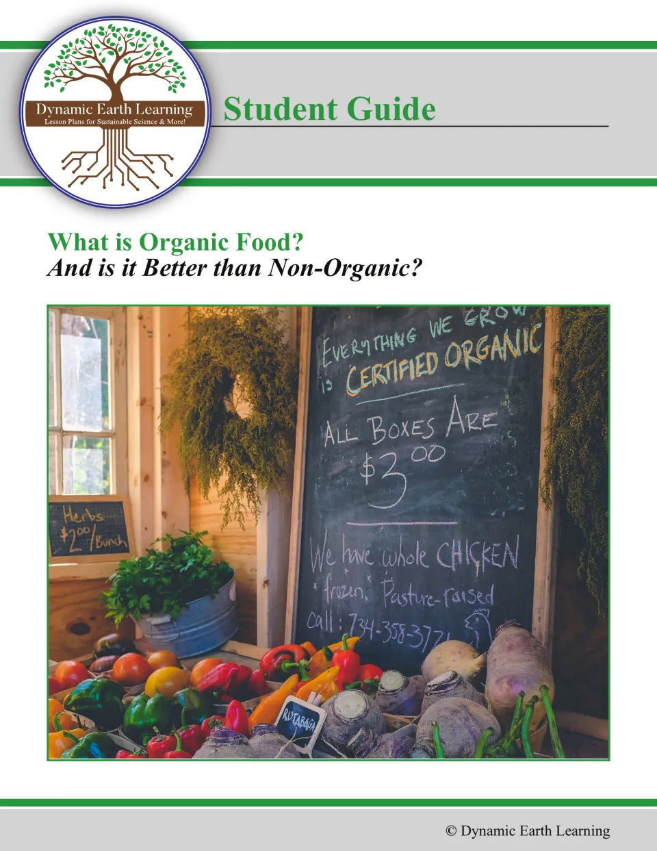 Student Guide cover: What is Organic Food? And is it Better than Non-Organic? Photo of a farm stand with organic produce