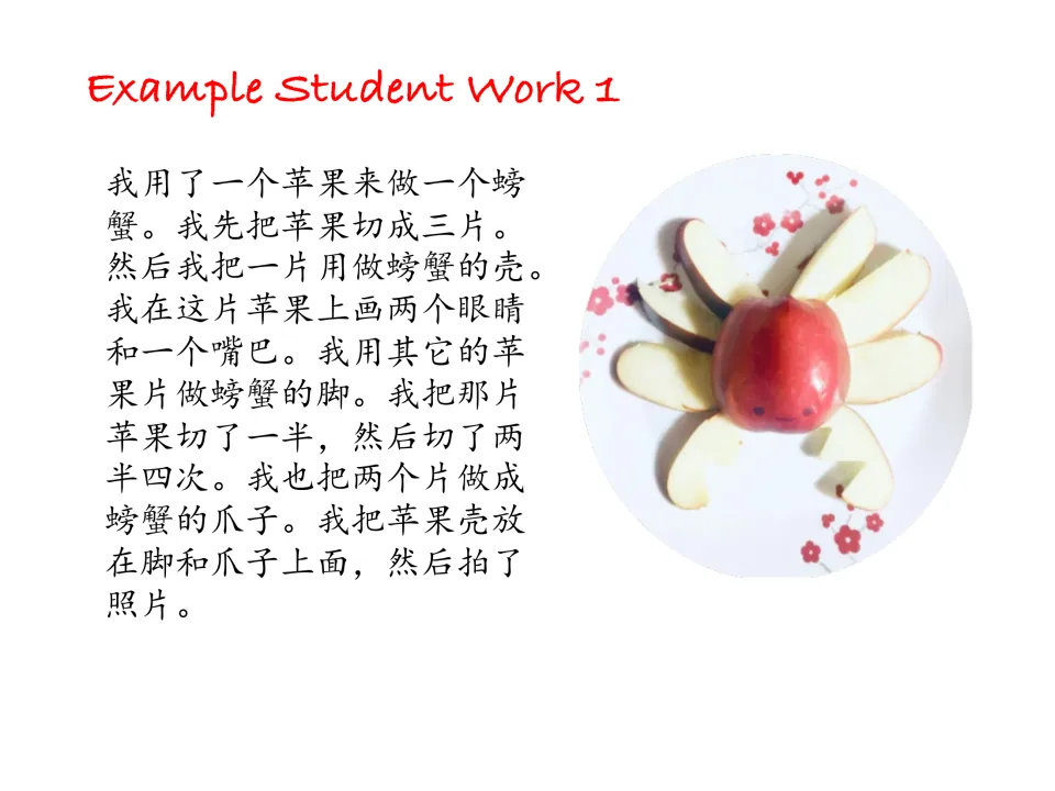 Example student work 1: a Chinese paragraph explaining how an apple was sliced into a crab's shell, legs and claws