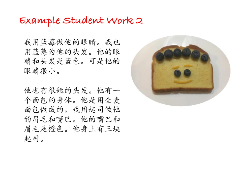 Example student work 2: a Chinese description of a bread face with blueberry eyes and hair and cheese eyebrows and mouth