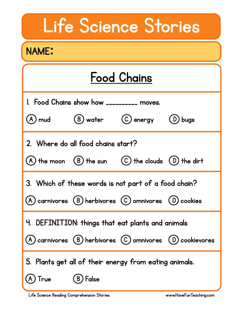 Food chains comprehension quiz: students bubble answers to 5 multiple-choice and true/false questions about the story